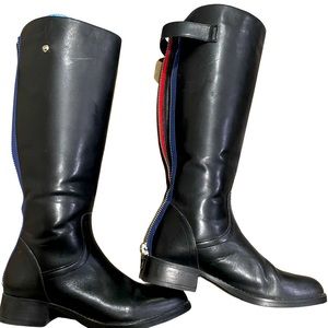 Steve Madden Journal Black Leather Back Zip Knee Riding Boot w/Red & Blue Stripe